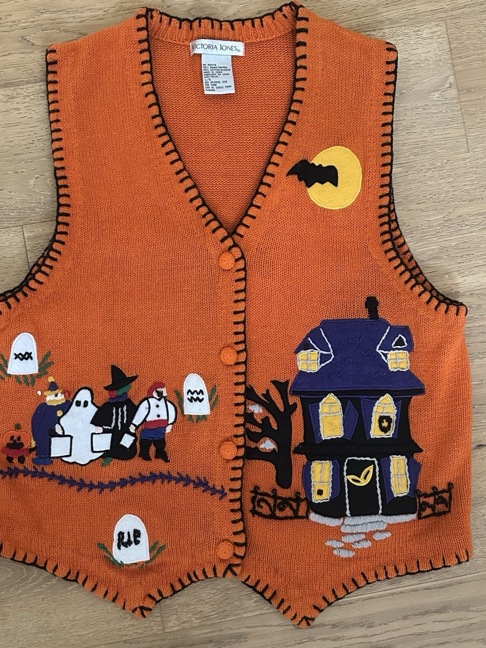 Vintage Victoria Jones Halloween Sweater Vest Large Orange Haunted House